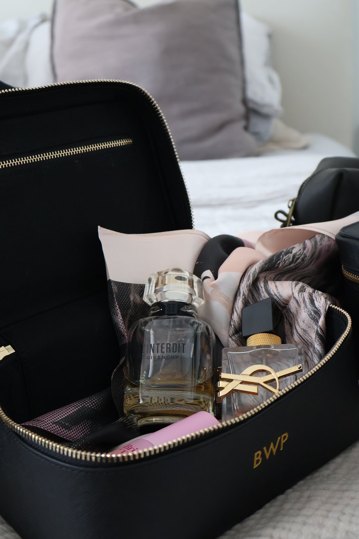 Gold foil hand-embossed initials on personalised saffiano cosmetic bag NZ 