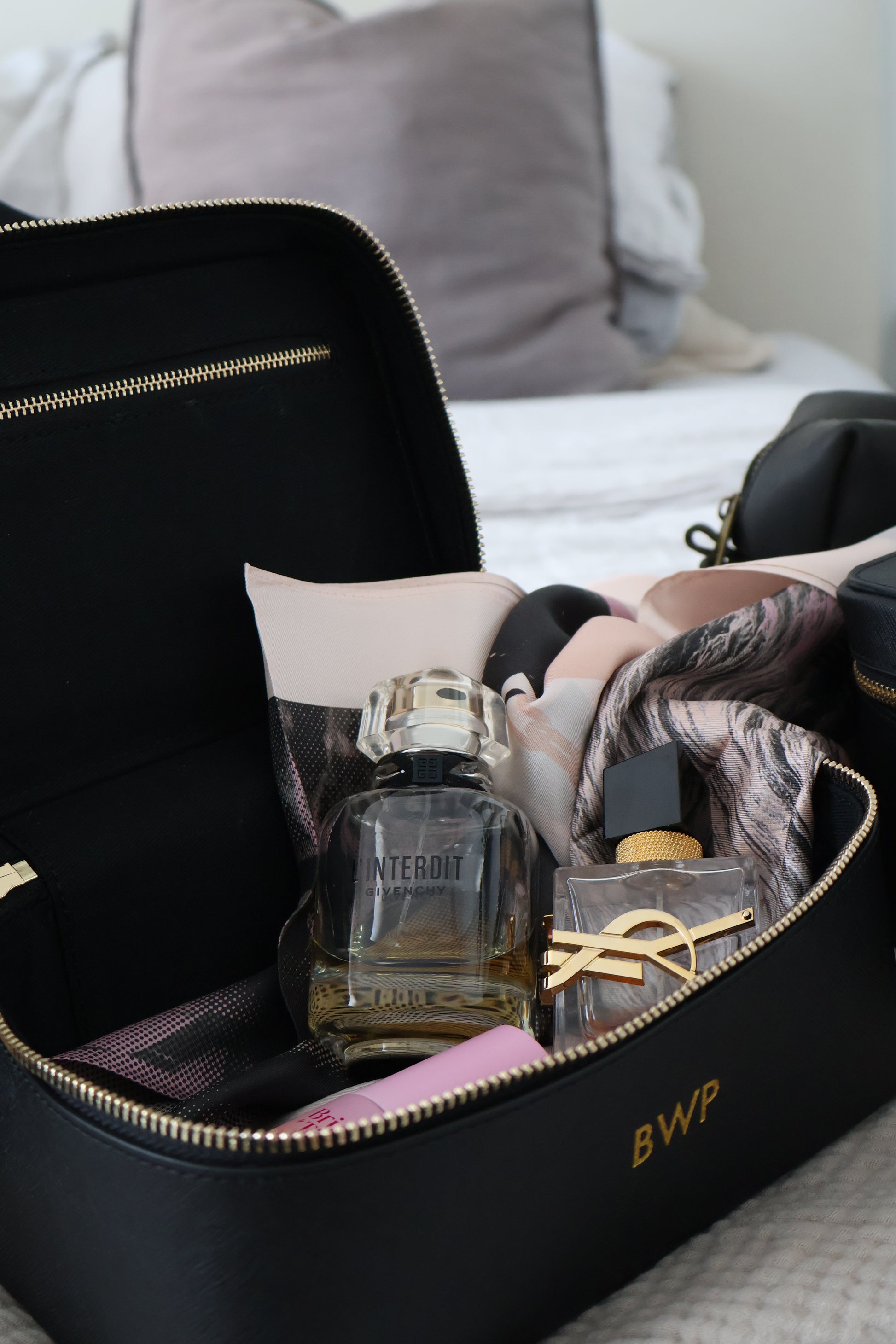 Gold foil hand-embossed initials on personalised saffiano cosmetic bag NZ 