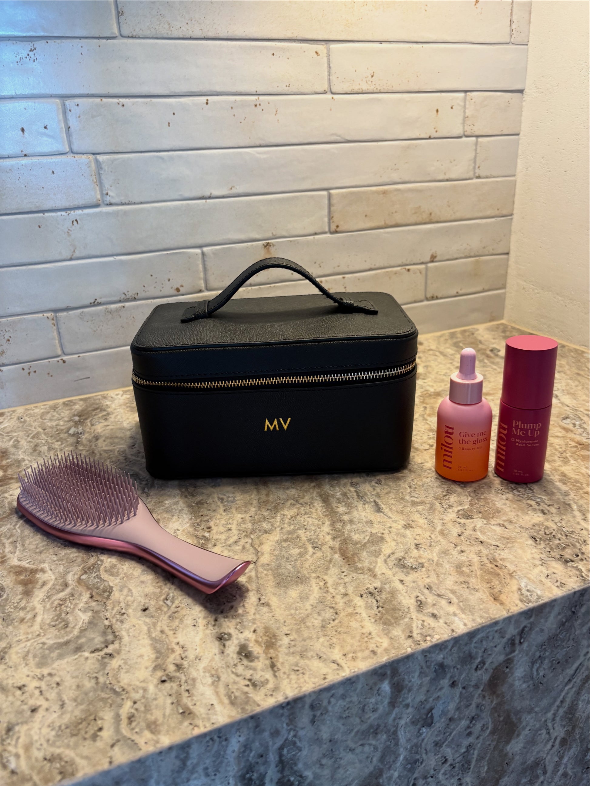 Chic personalised saffiano vanity case styled for everyday use Milou skincare