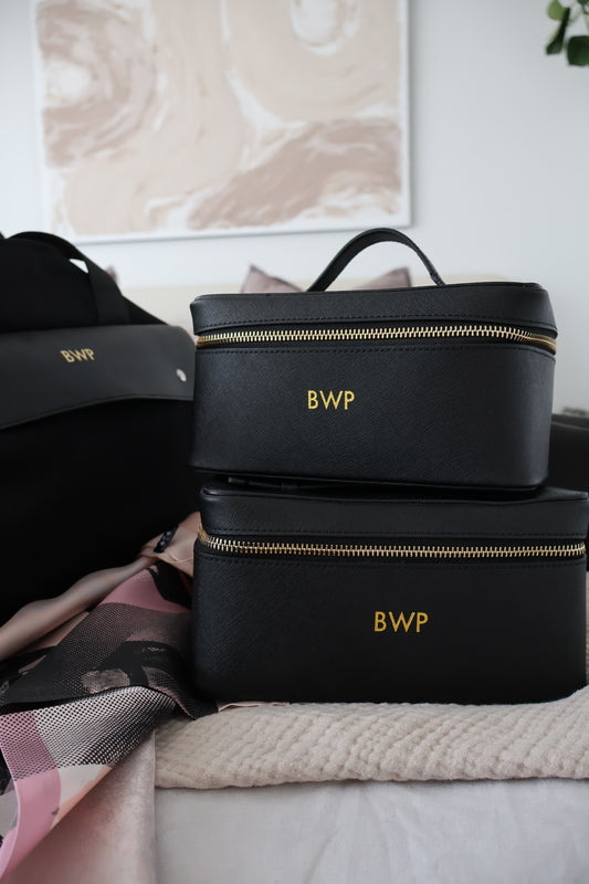 Luxury personalised vanity case, elevated monogrammed cosmetic bag